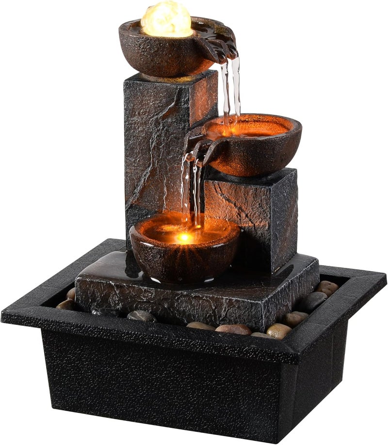 Tolevoit Three Bowls with Rotating Ball Flowing Tabletop Fountain Home Décor Indoor/Outdoor Decor Waterfall Sound Zen Mini Fountain Warm Led Light Pebbles Stone(23114) - Image 1